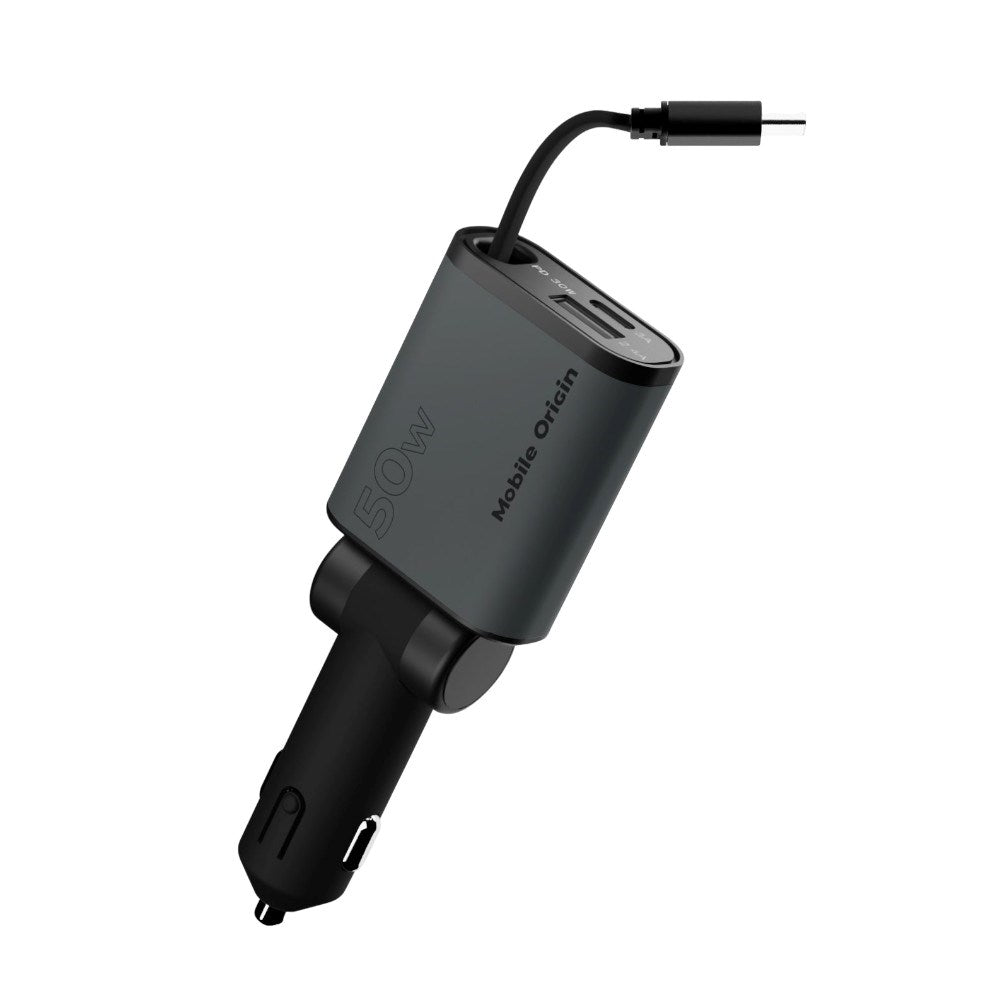 3-i-1 Billader 50W Mobile Origin med USB-C + USB-A og Uttrekkbar USB-C-kabel – Grå