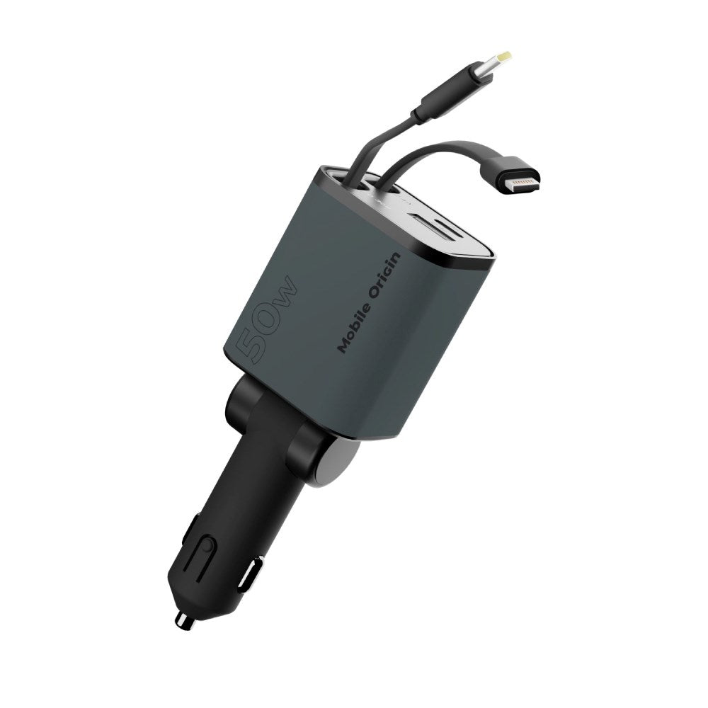 4-i-1 Bilopplader Mobile Origin 50 W med USB-C- og USB-A-port og Uttrekkbar USB-C- og Lightning-kabel - Grå