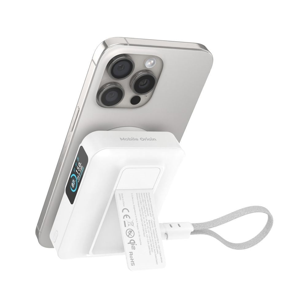 Mobile Origin 10 000 mAh Powerbank med Trådløs Lading / Innebygd USB-C Kabel - MagSafe / Qi2 Kompatibel - Hvit