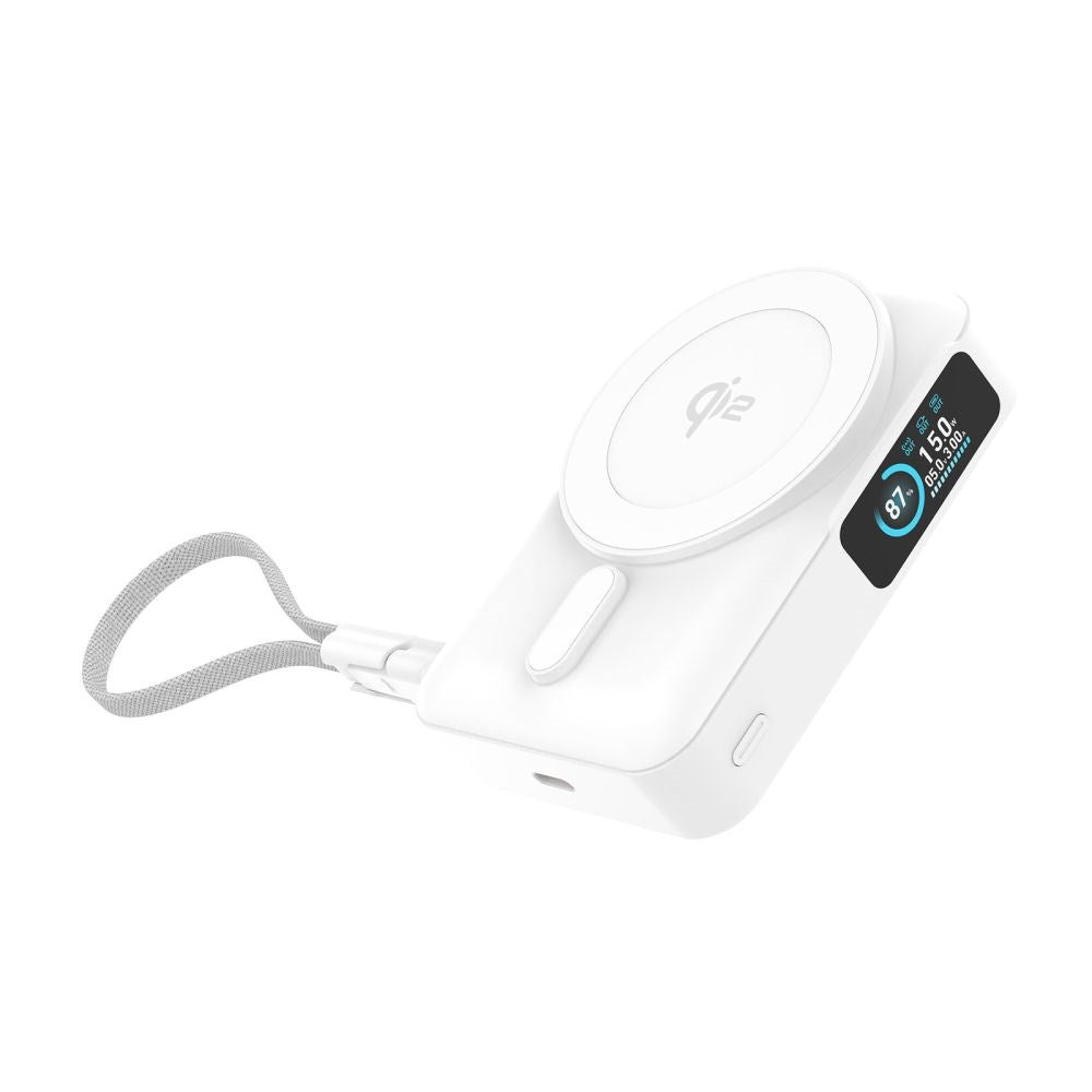 Mobile Origin 10 000 mAh Powerbank med Trådløs Lading / Innebygd USB-C Kabel - MagSafe / Qi2 Kompatibel - Hvit