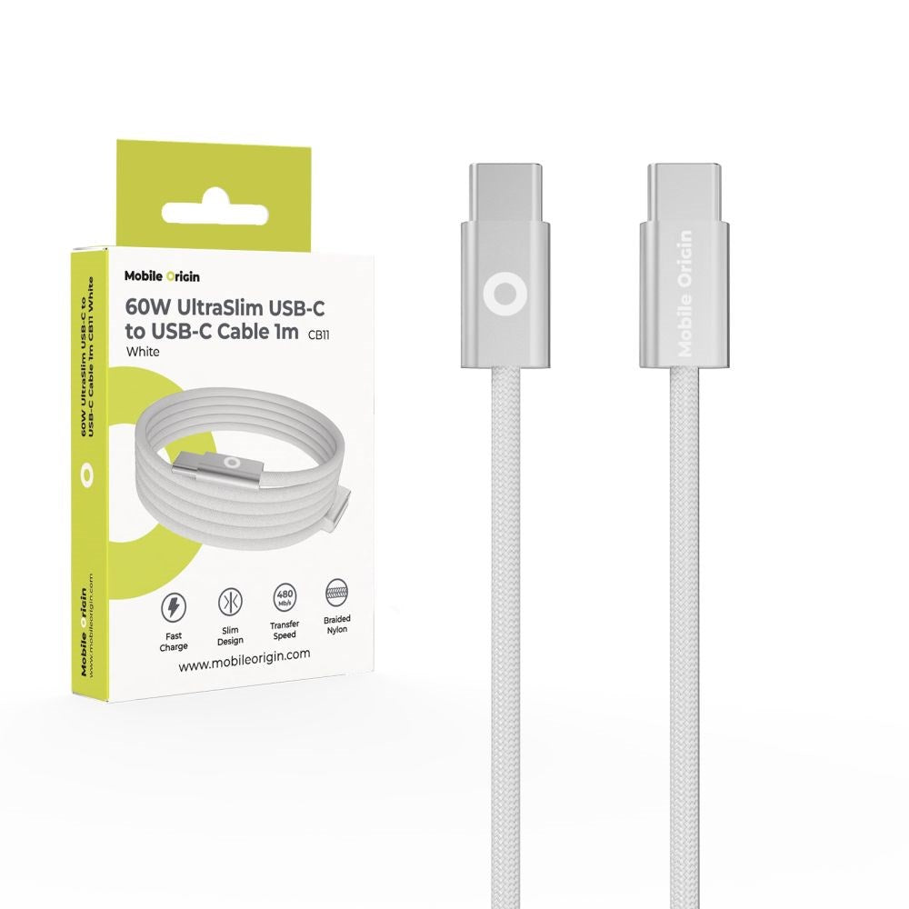 Mobile Origin UltraSlim 60W USB-C til USB-C Kabel – 1m – Hvit