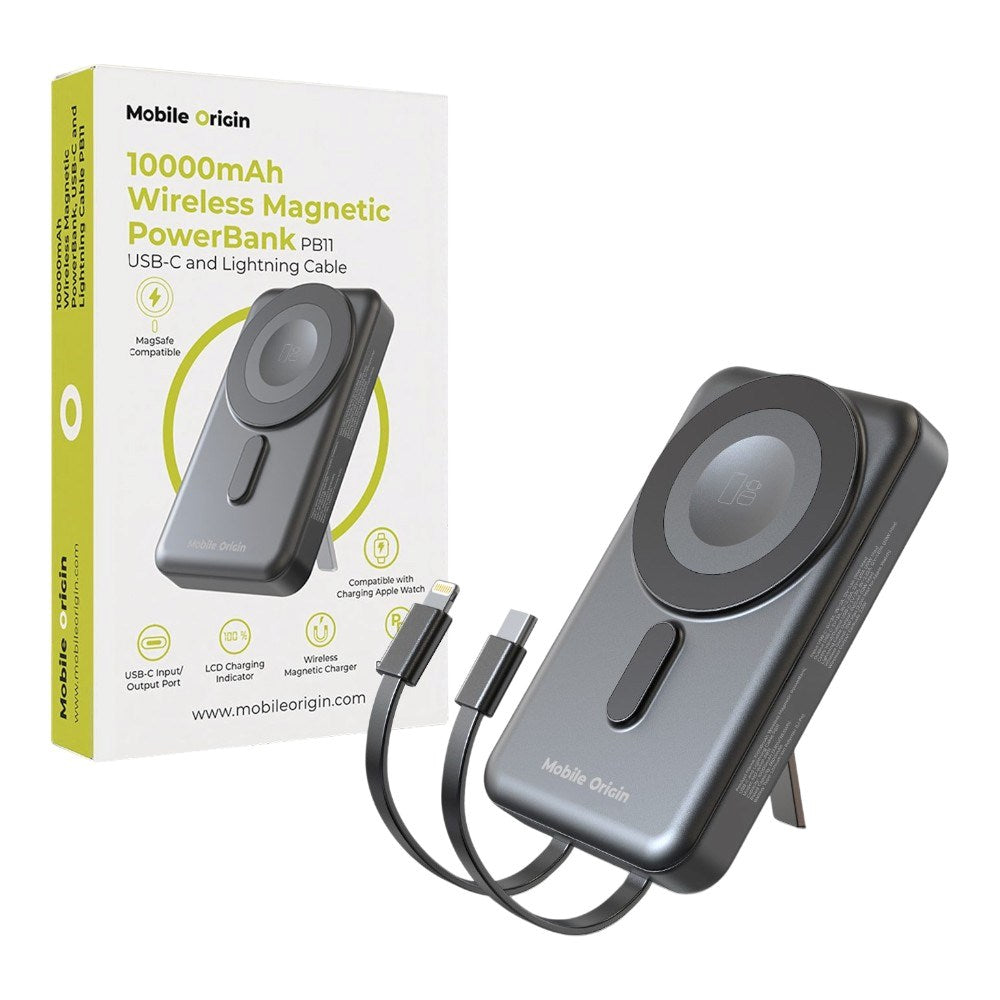 Magnetisk Powerbank 10000mAh Mobile Origin – USB-C og Lightning-kabel - Grå