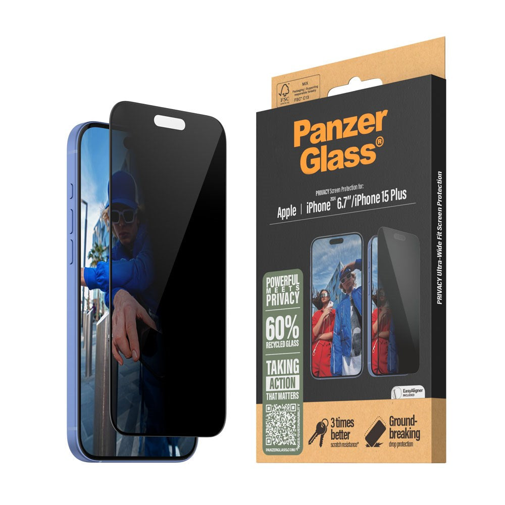 iPhone 15 Plus / 16 Plus PanzerGlass Ultra Wide Fit Skjermbeskyttelse m. EasyAligner - Privacy - Diamond Strength - Gjennomsiktig / Svart Kant
