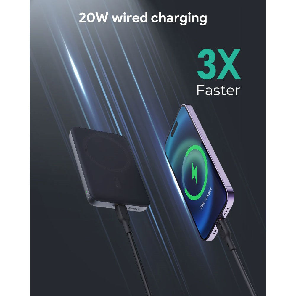 Aukey MagFusion 6 700 mAh Powerbank med Trådløs Lading & stativfunksjon - MagSafe / Qi2 Kompatibel - Svart