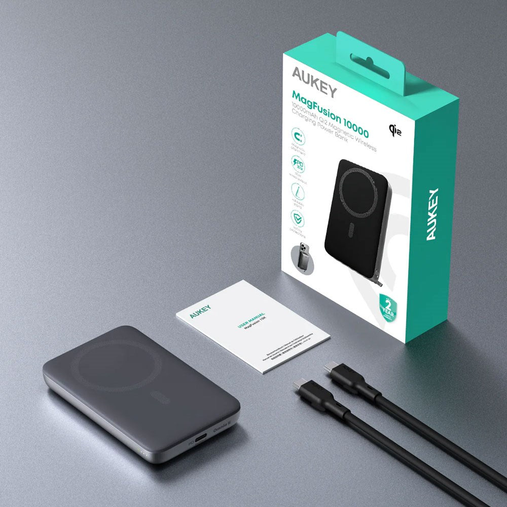 Aukey MagFusion 10 000 mAh Powerbank med Trådløs Lading & stativfunksjon - MagSafe / Qi2 Kompatibel - Grå
