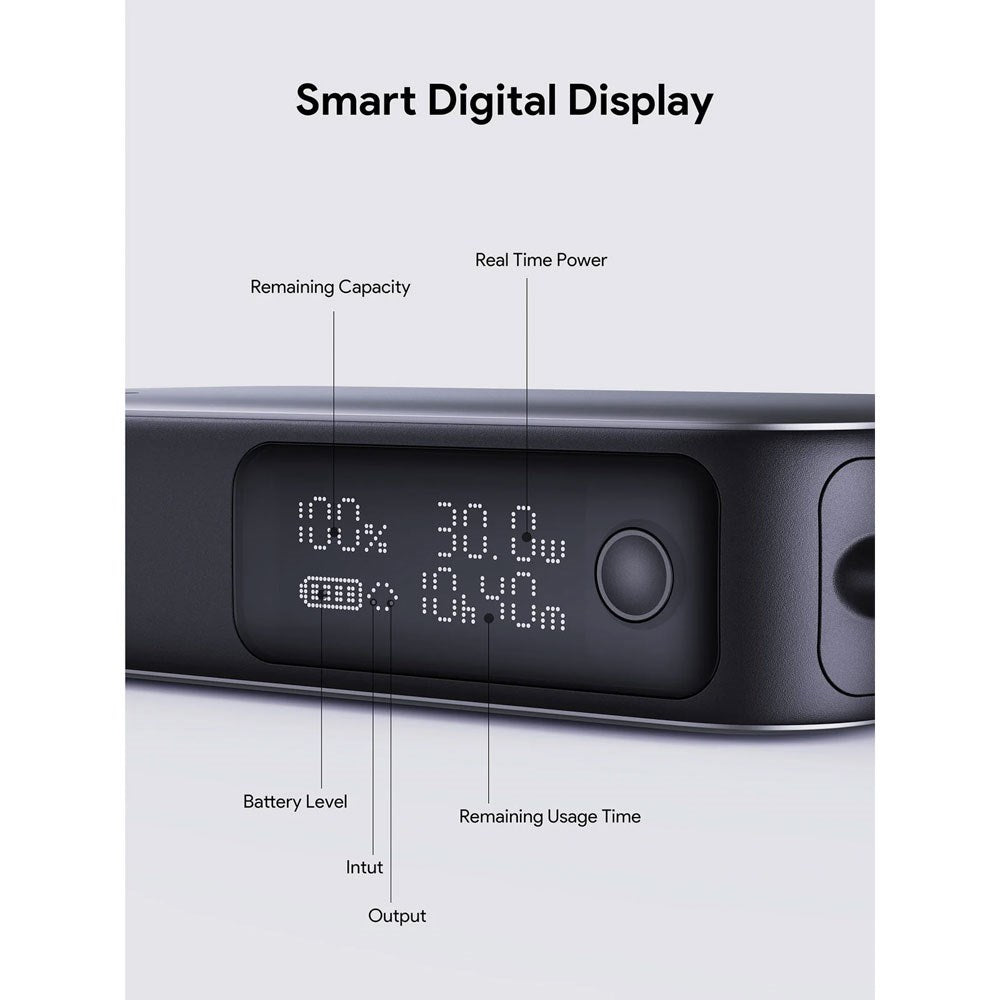 Aukey Spark Sling Powerbank med Innebygd USB-C-Kabel & Display - 10 000 mAh - 30 W - 1 x USB-C - 1 x USB-A - Grå