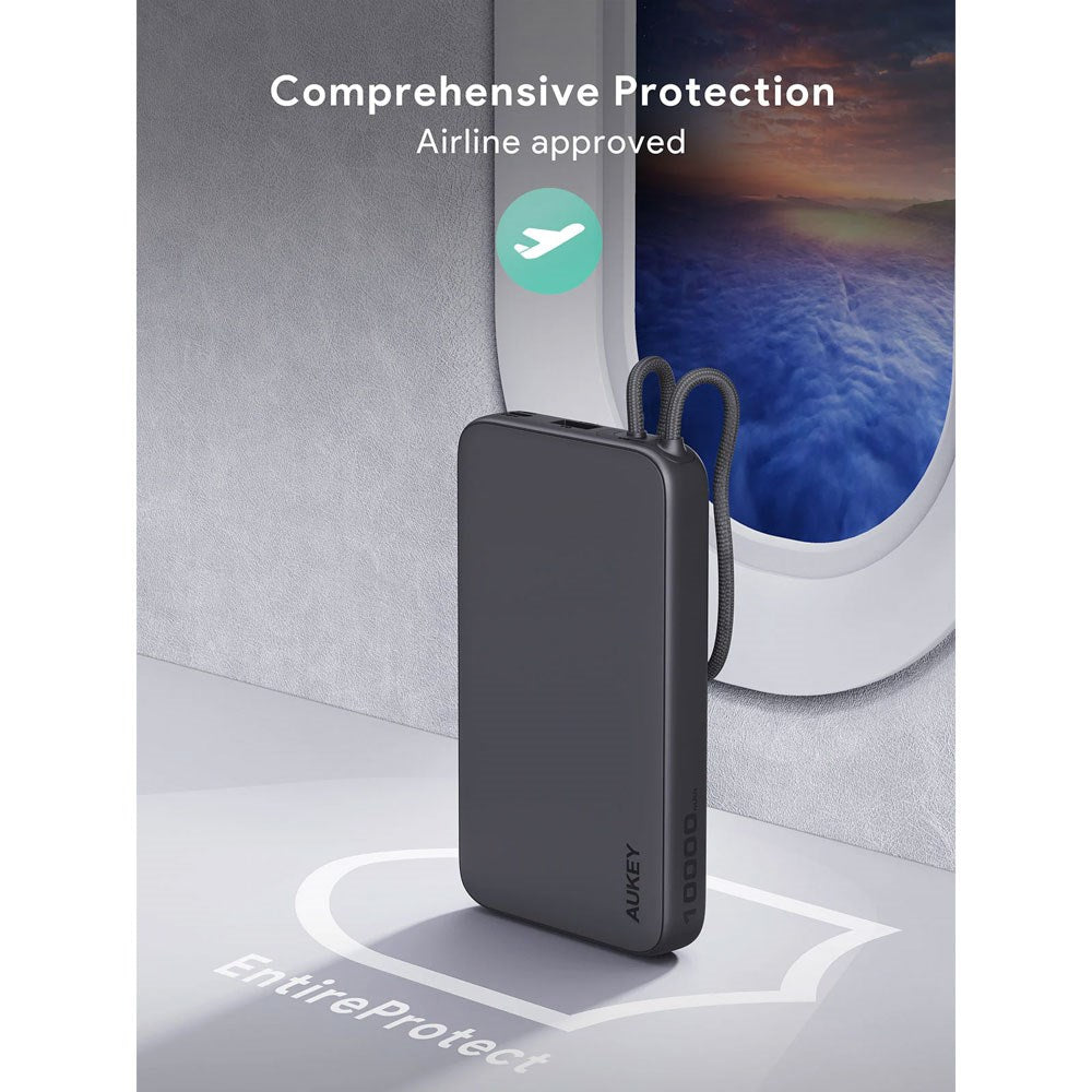Aukey Spark Sling Powerbank med Innebygd USB-C-Kabel - 10 000 mAh - 20 W - 1 x USB-C - 1 x USB-A - Grå