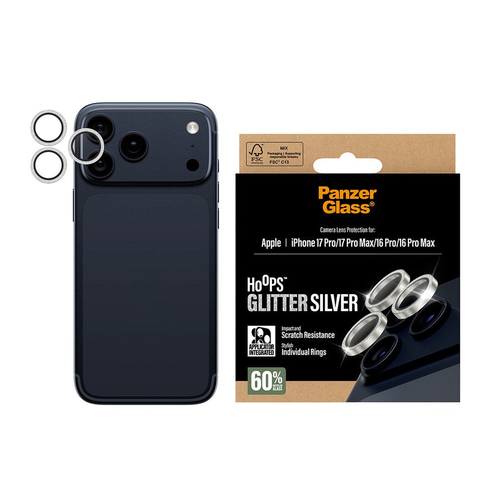 PanzerGlass iPhone 17 Pro / 17 Pro Max / 16 Pro / 16 Pro Max Hoops Kameralinsebeskyttelse med Installasjonsramme - Glitter Sølv