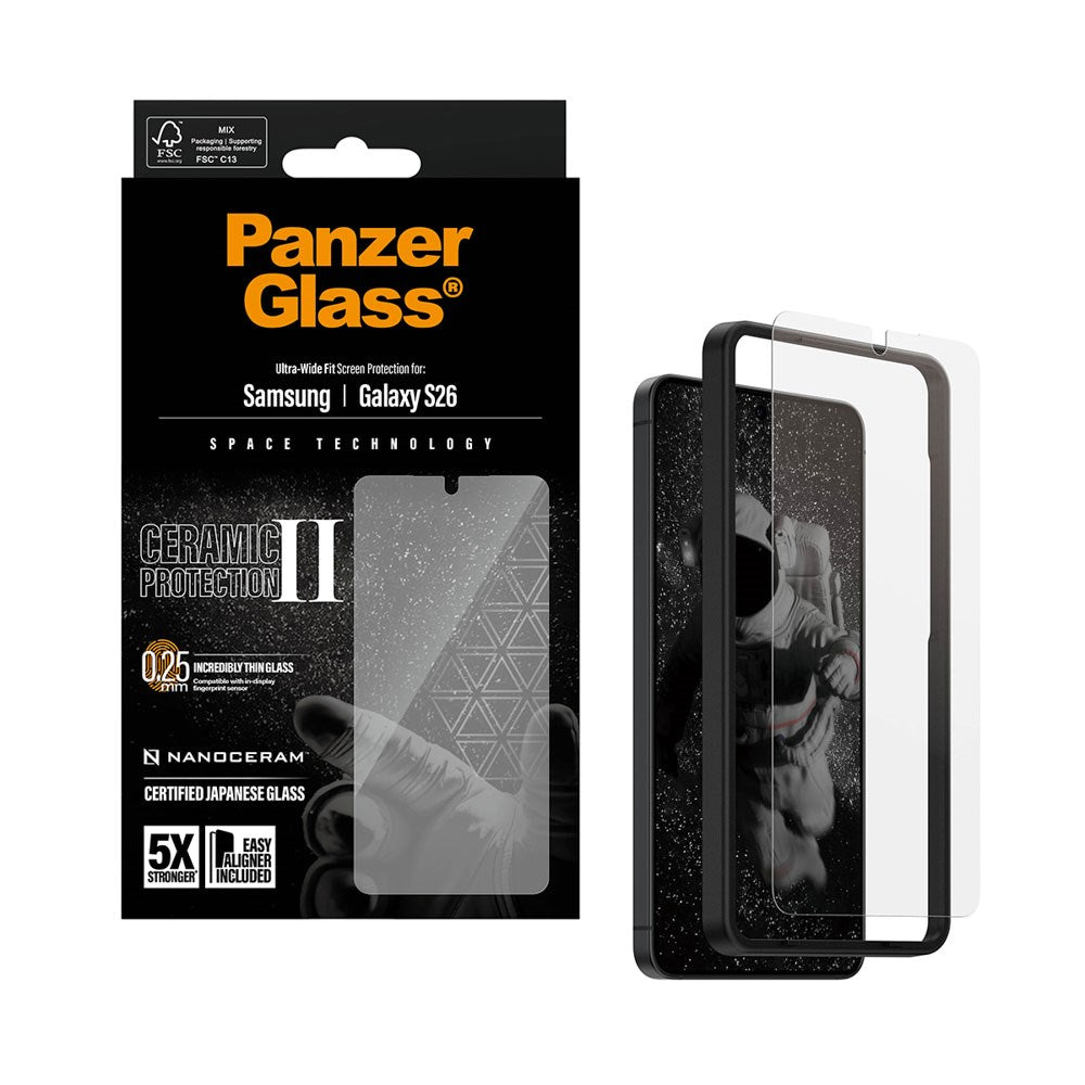 Samsung Galaxy S26 PanzerGlass Ceramic Skjermbeskyttelse med EasyAligner - Ultra Wide Fit - Gjennomsiktig