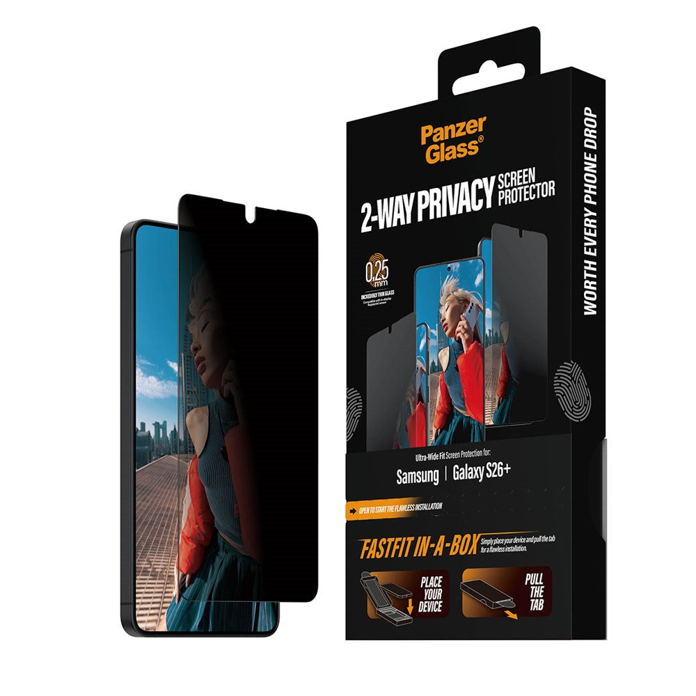 Samsung Galaxy S26+ (Plus) PanzerGlass 2-Way Privacy Skjermbeskyttelse med FastFit In-A-Box - Gjennomsiktig
