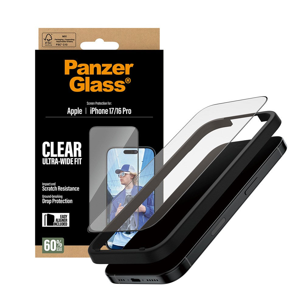 PanzerGlass iPhone 17 / 16 Pro Skjermbeskytterglass med EasyAligner - Ultra Wide Fit - Gjennomsiktig