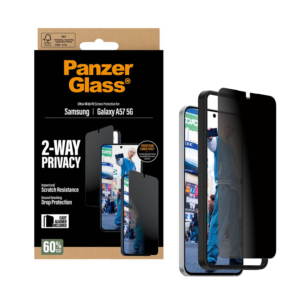 Samsung Galaxy A57 PanzerGlass 2-Way Privacy Skjermbeskyttelse med EasyAligner - Gjennomsiktig