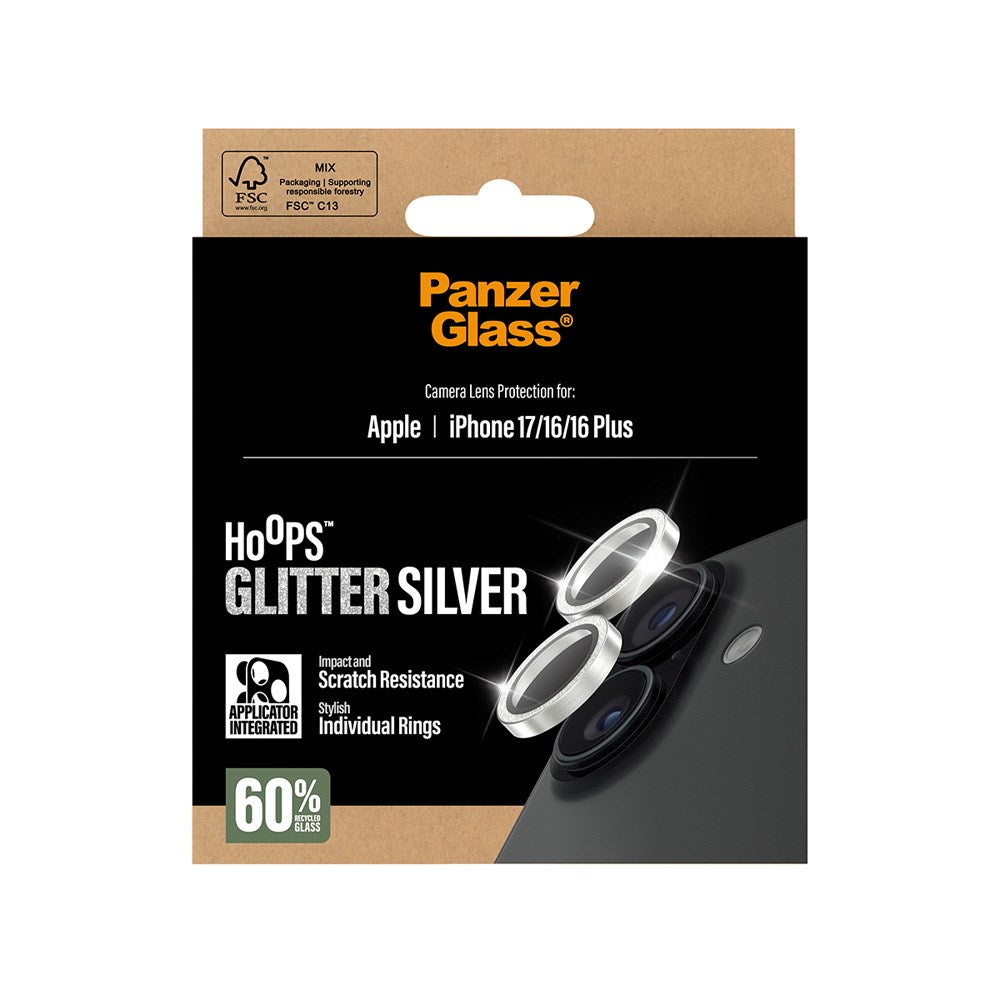 PanzerGlass iPhone 17 / 16 / 16 Plus Hoops Kameralinsebeskyttelse med Installasjonsramme - Glitter Sølv