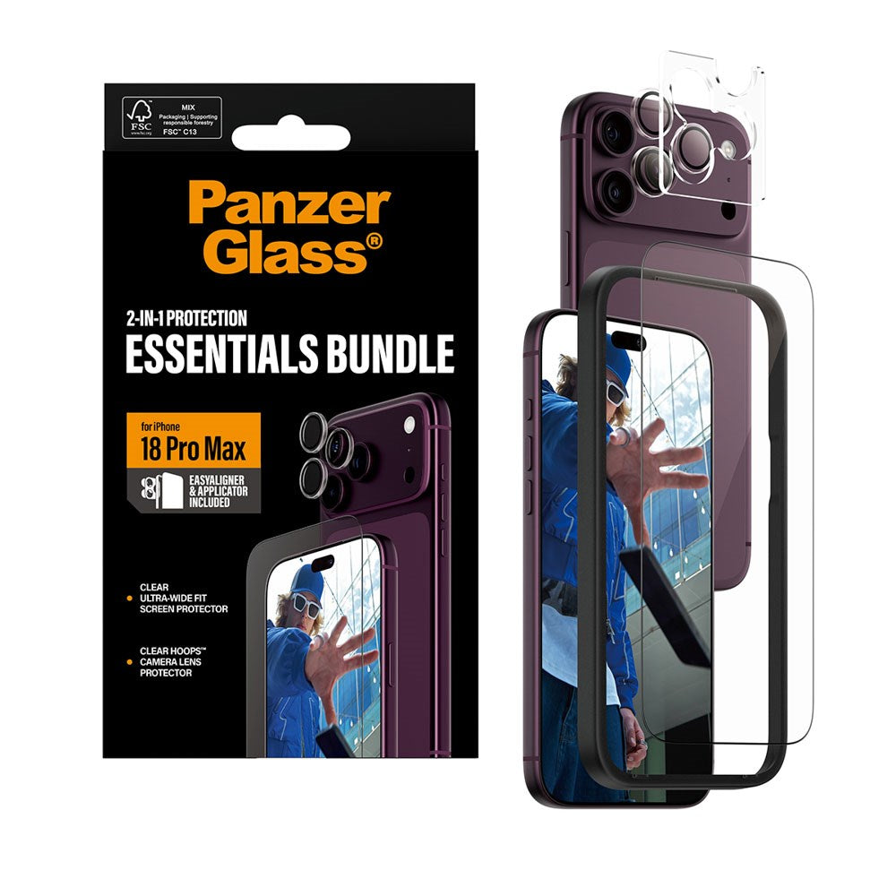 iPhone 18 Pro Max PanzerGlass Essentials 2-in-1 Bundle med EasyAligner / Skjermbeskyttelse (UWF) / Hoops Kamerabeskyttelse - Gjennomsiktig