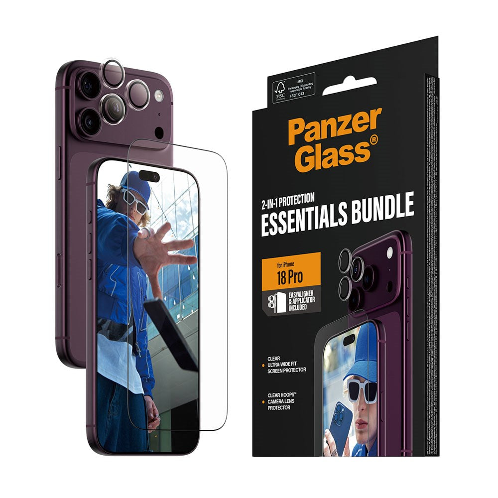 iPhone 18 Pro Max PanzerGlass Essentials 2-in-1 Bundle med EasyAligner / Skjermbeskyttelse (UWF) / Hoops Kamerabeskyttelse - Gjennomsiktig