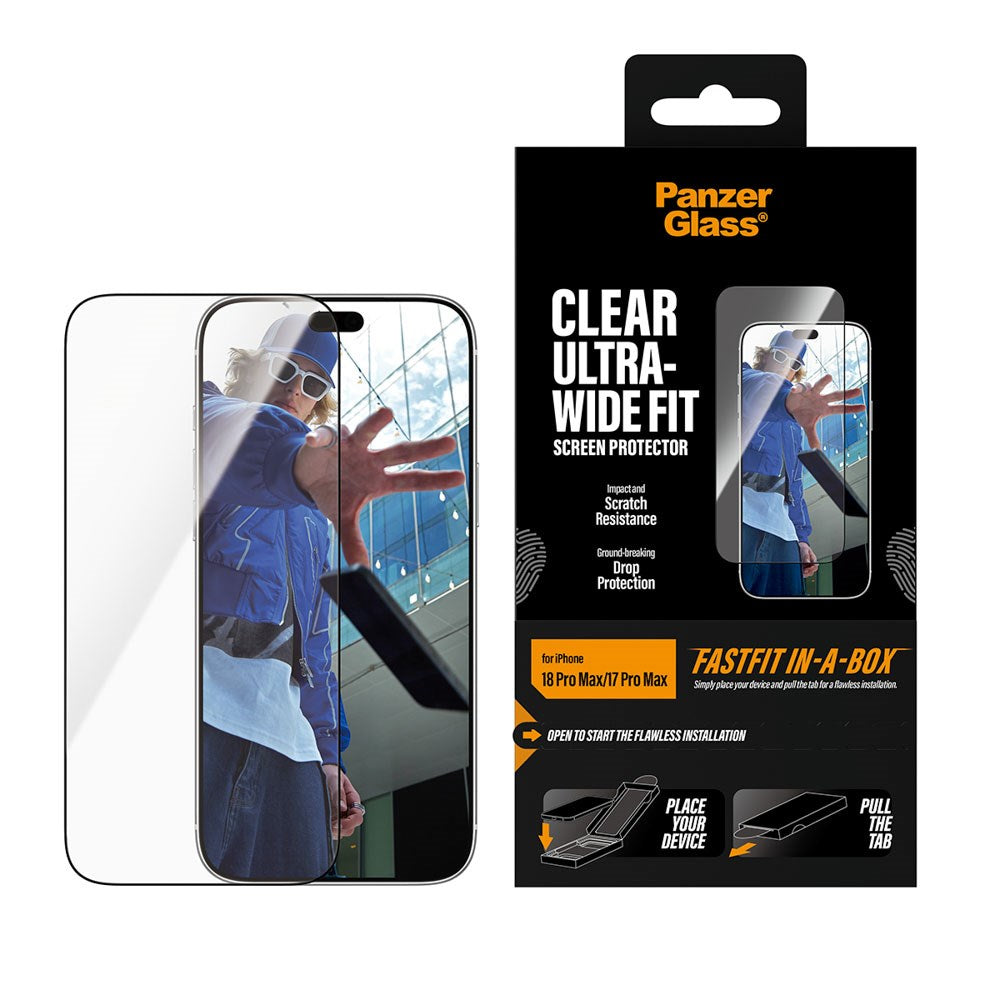iPhone 18 Pro Max / 17 Pro Max PanzerGlass Skjermbeskyttelsesglass m. FastFit In-A-Box - Ultra Wide Fit - Gjennomsiktig