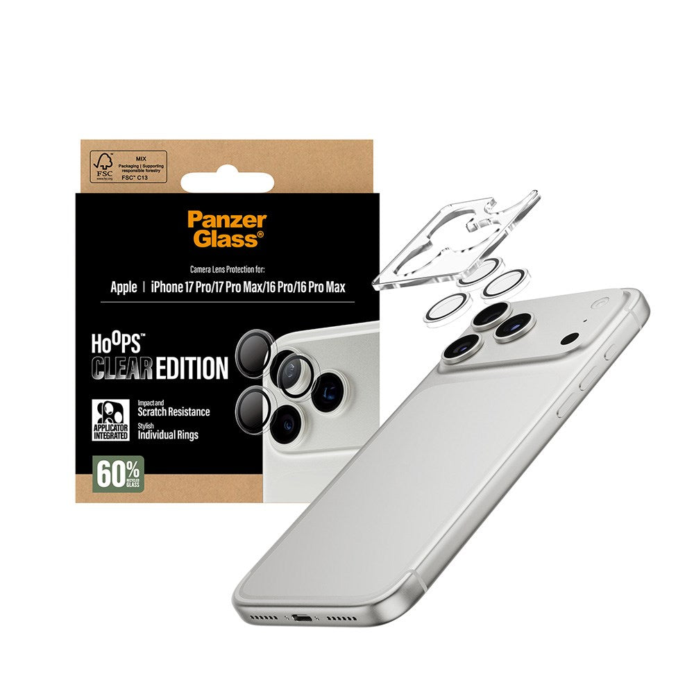 PanzerGlass iPhone 17 Pro / 17 Pro Max / 16 Pro / 16 Pro Max Hoops Kameralinsebeskyttelse med Installasjonsramme - Gjennomsiktig