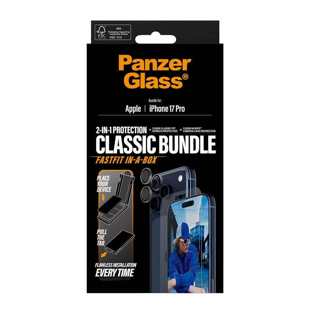 PanzerGlass iPhone 17 Pro 2-in-1 Classic Bundle - Skjermbeskytter + Kameralinsebeskytter - Gjennomsiktig