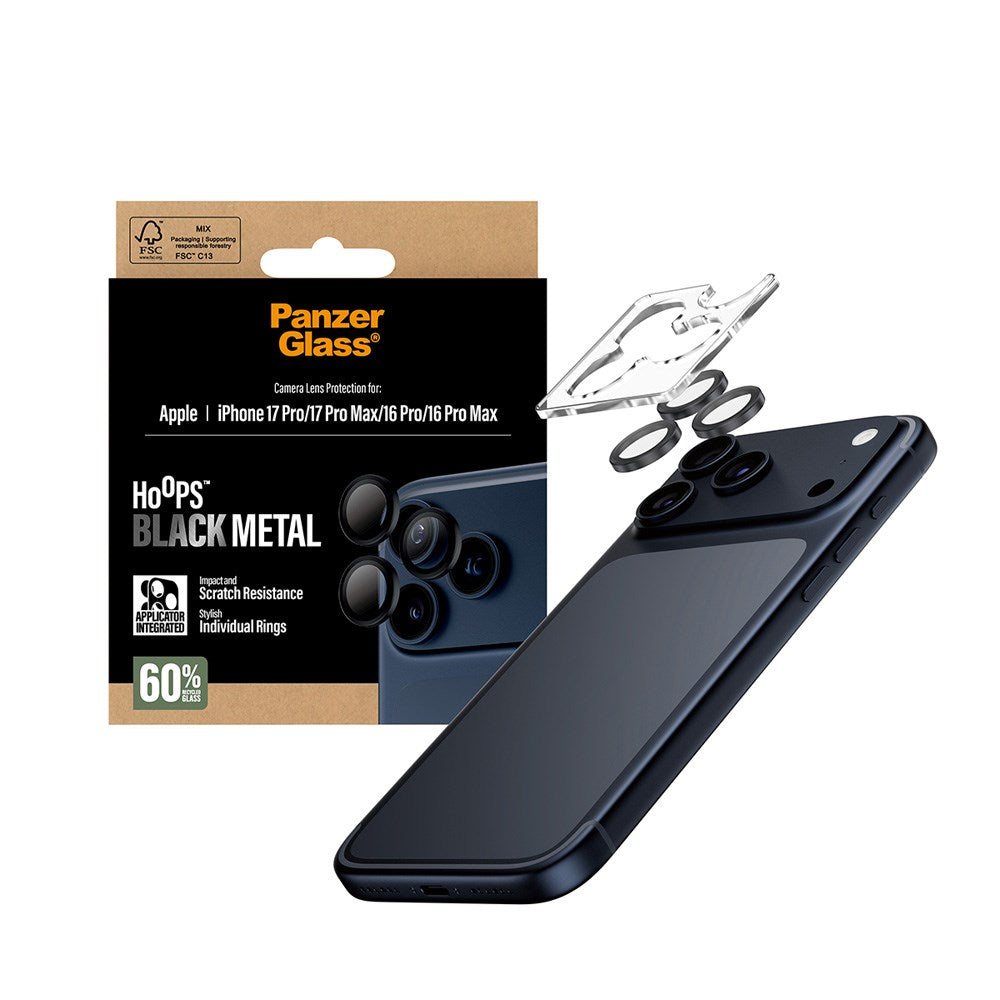 PanzerGlass iPhone 17 Pro / 17 Pro Max / 16 Pro / 16 Pro Max Hoops Kameralinsebeskyttelse med Installasjonsramme - Svart