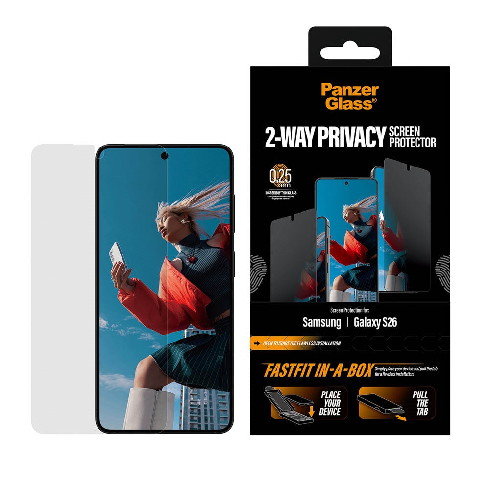 Samsung Galaxy S26 PanzerGlass 2-Way Privacy Skjermbeskyttelse med FastFit In-A-Box - Gjennomsiktig