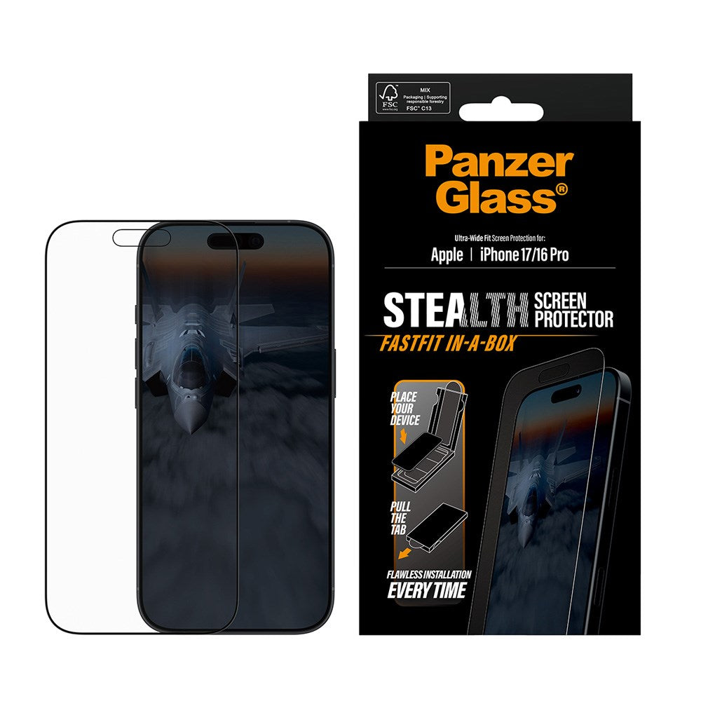 PanzerGlass iPhone 17 / 16 Pro Stealth Skjermbeskyttelse - Ultra-Wide Fit - Gjennomsiktig / Svart Kant