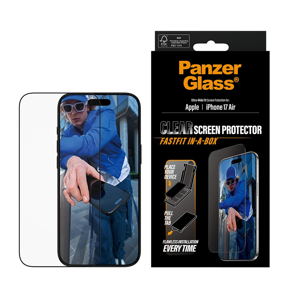 PanzerGlass iPhone Air Skjermbeskytterglass med FastFit In-A-Box - Ultra Wide Fit - Gjennomsiktig