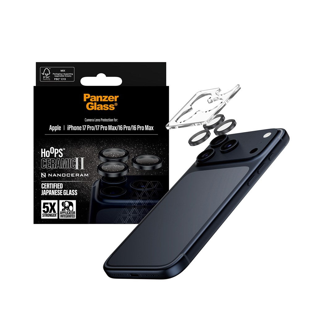 PanzerGlass iPhone 17 Pro / 17 Pro Max / 16 Pro / 16 Pro Max Ceramic Hoops Kameralinsebeskyttelse med Monteringsramme - Svart