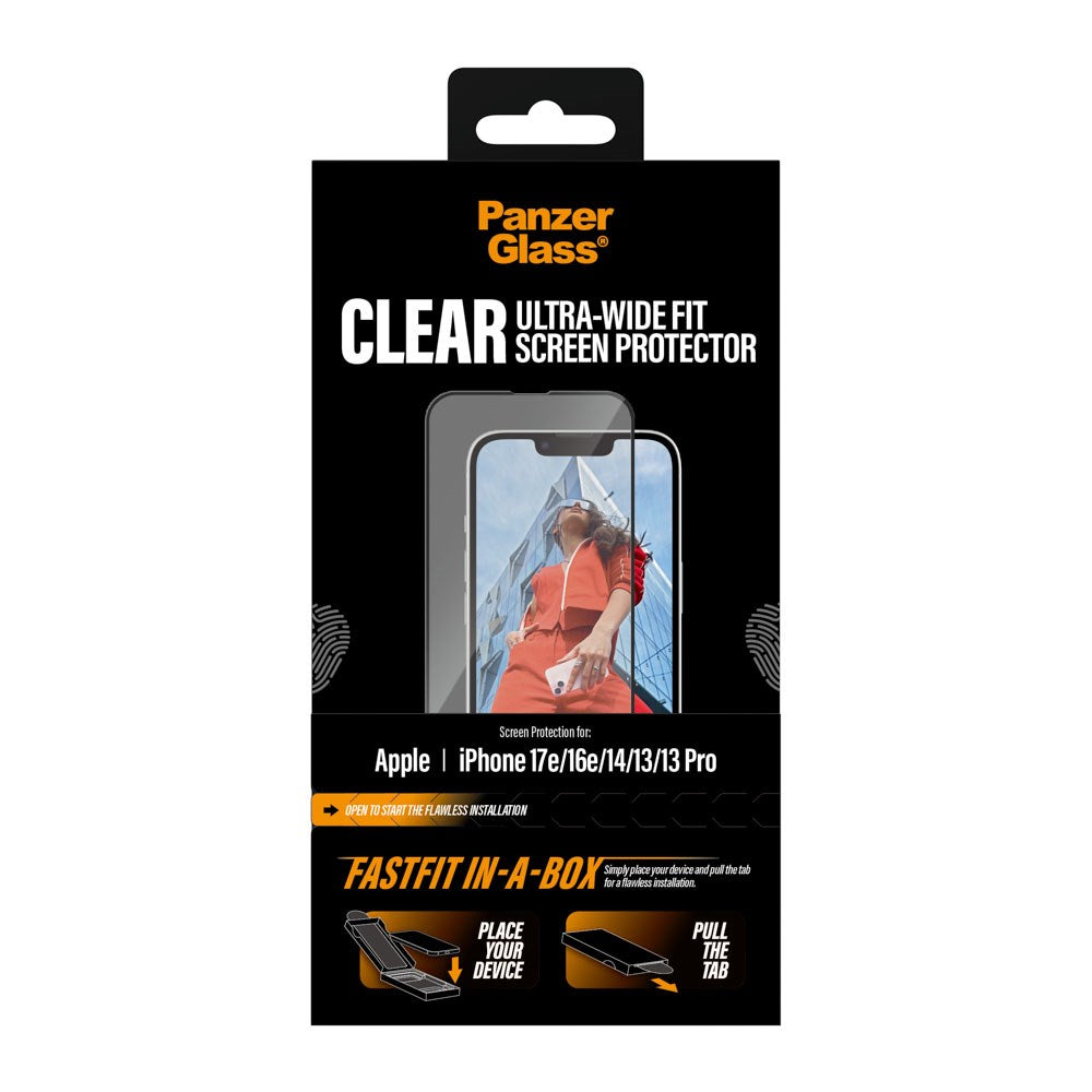 iPhone 17e / 16e / 14 / 13 / 13 Pro PanzerGlass Skjermbeskyttelsesglass m. FastFit In-A-Box - Ultra Wide Fit - Gjennomsiktig