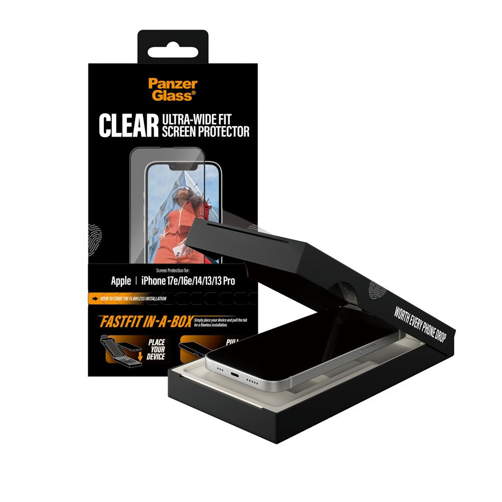 iPhone 17e / 16e / 14 / 13 / 13 Pro PanzerGlass Skjermbeskyttelsesglass m. FastFit In-A-Box - Ultra Wide Fit - Gjennomsiktig