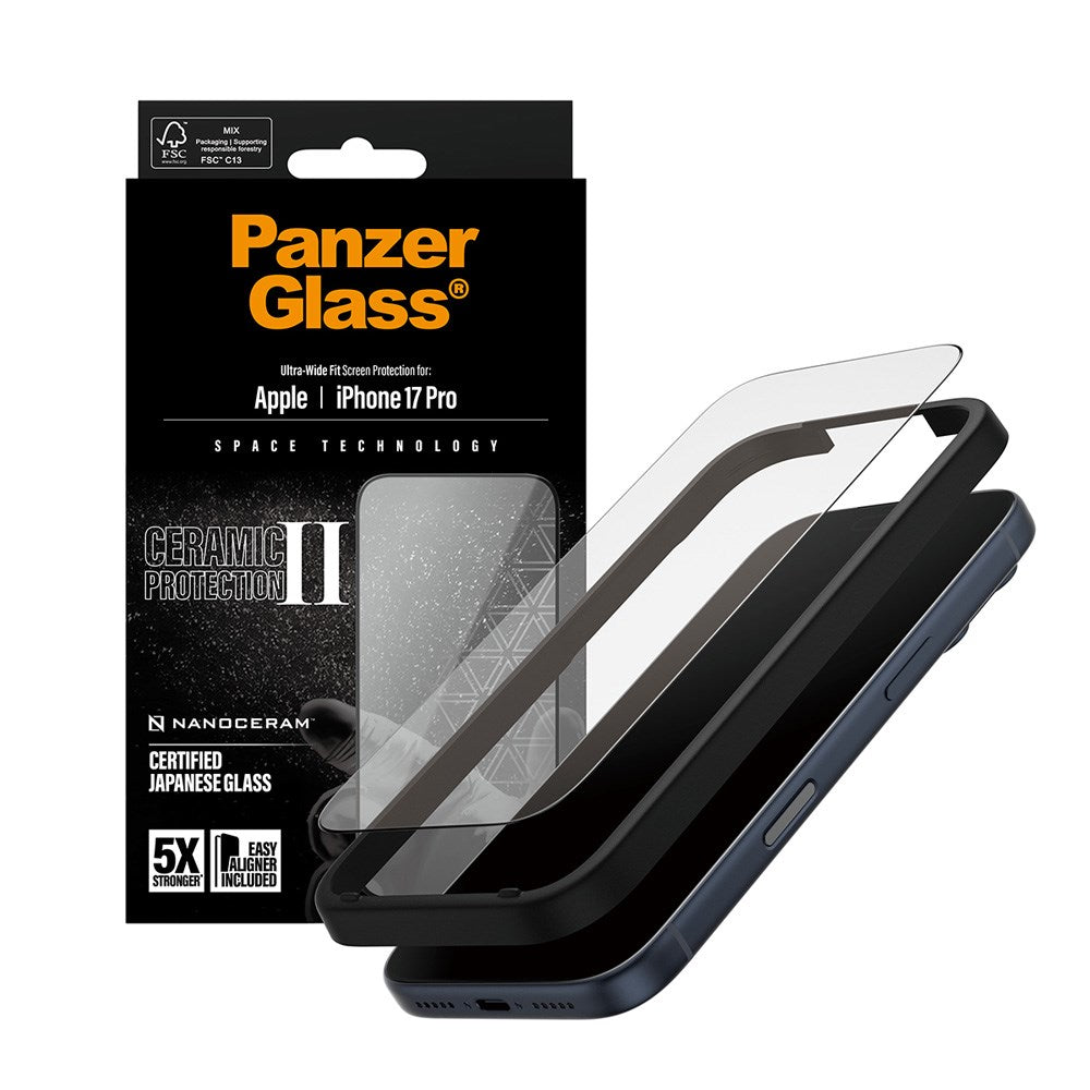 PanzerGlass iPhone 17 Pro Ceramic Skjermbeskyttelse med EasyAligner - Ultra Wide Fit - Gjennomsiktig