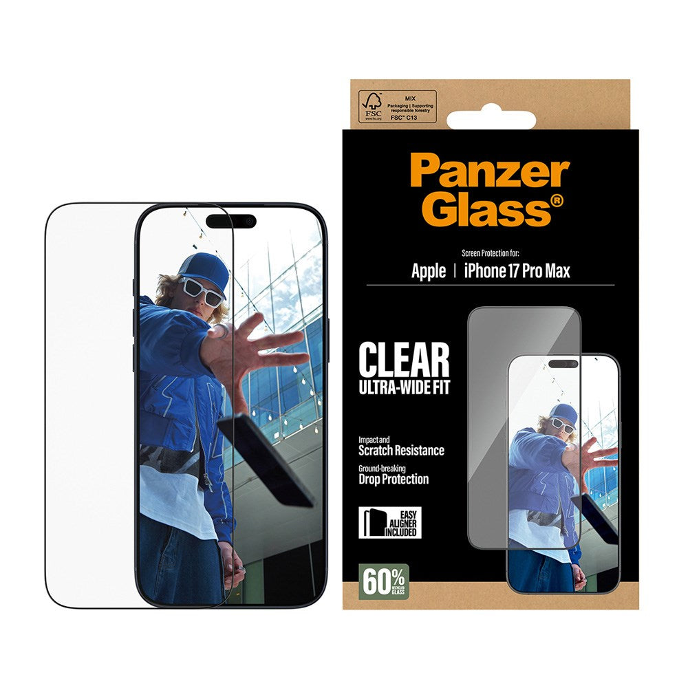 PanzerGlass iPhone 17 Pro Max Skjermbeskytterglass med EasyAligner - Ultra Wide Fit - Gjennomsiktig