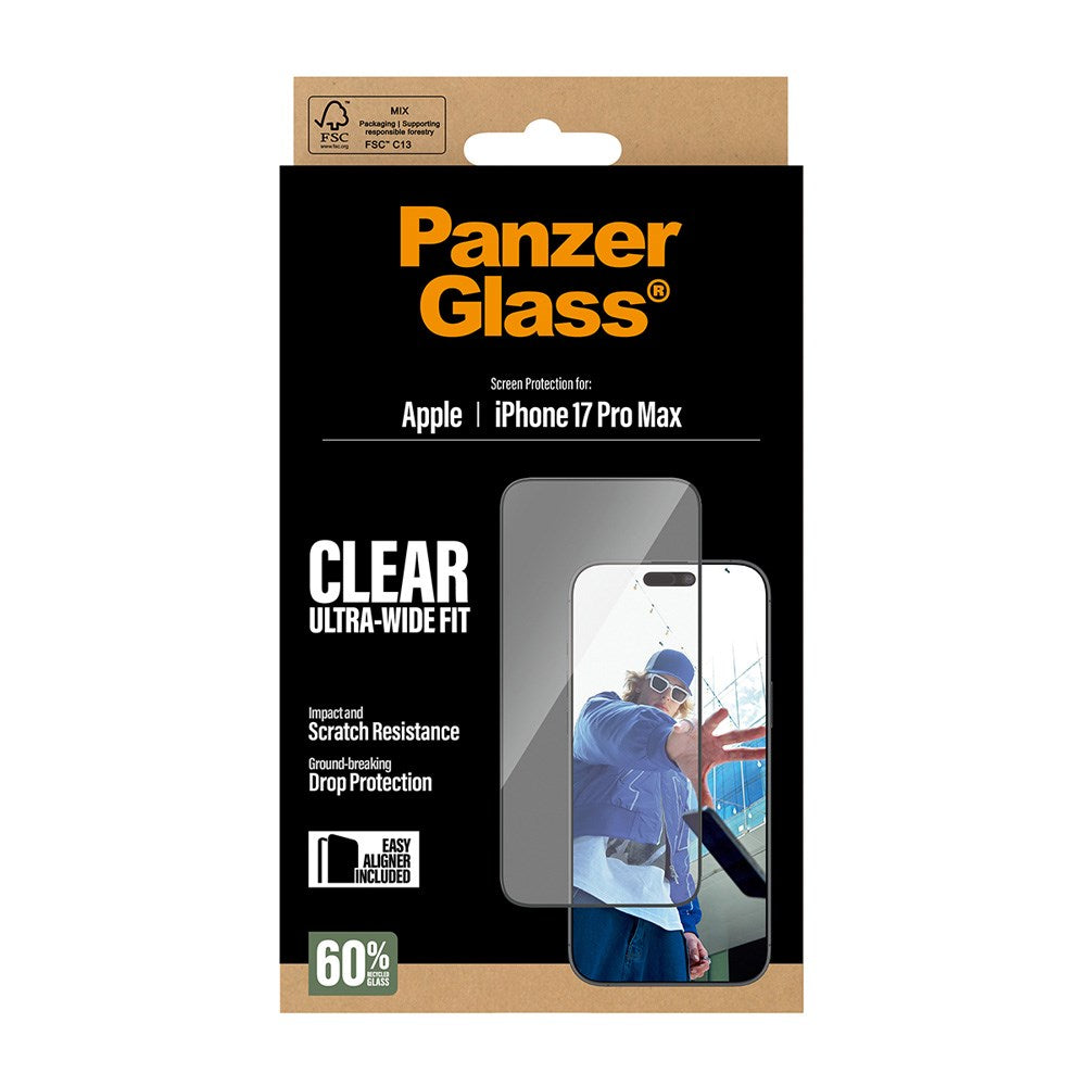 PanzerGlass iPhone 17 Pro Max Skjermbeskytterglass med EasyAligner - Ultra Wide Fit - Gjennomsiktig
