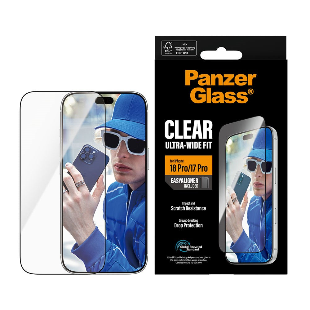 iPhone 18 Pro / 17 Pro PanzerGlass Skjermbeskyttelsesglass - Ultra Wide Fit med EasyAligner - Gjennomsiktig