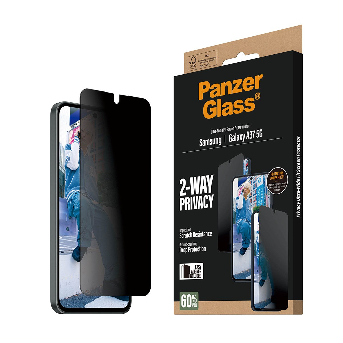 Samsung Galaxy A37 PanzerGlass 2-Way Privacy Skjermbeskyttelse med EasyAligner - Gjennomsiktig