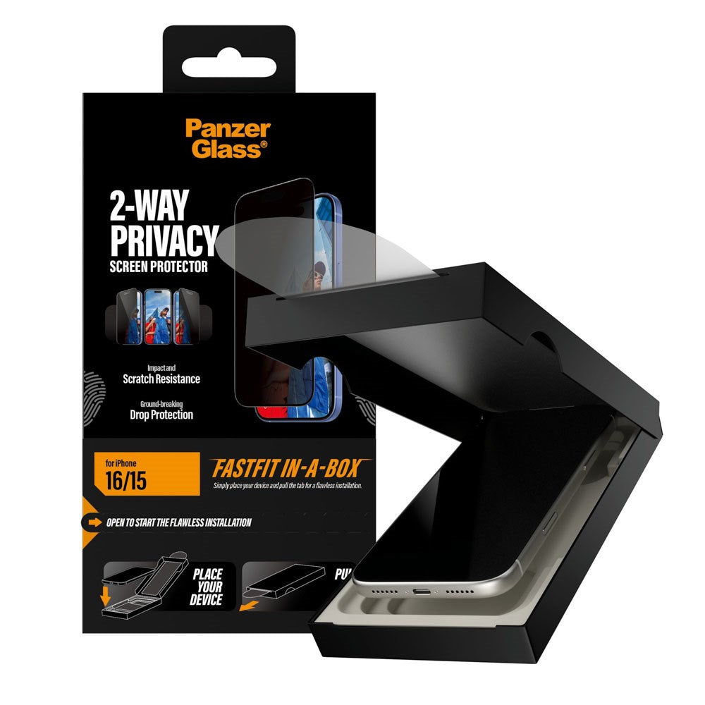 iPhone 16 / 15 PanzerGlass 2-Way Privacy Skjermbeskyttelse med FastFit In-A-Box - Gjennomsiktig