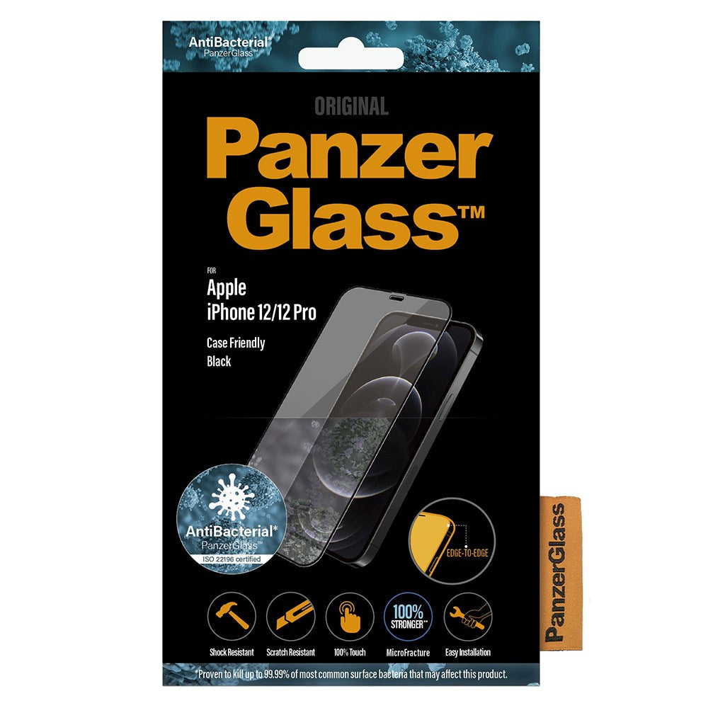 PanzerGlass iPhone 12 Pro / 12 AntiBacterial Edge-To-Edge Skjermbeskytter - Case Friendly - Svart Kant