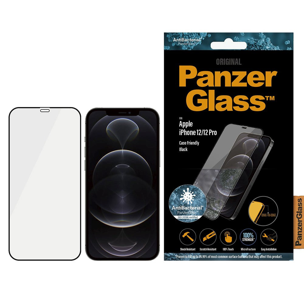 PanzerGlass iPhone 12 Pro / 12 AntiBacterial Edge-To-Edge Skjermbeskytter - Case Friendly - Svart Kant