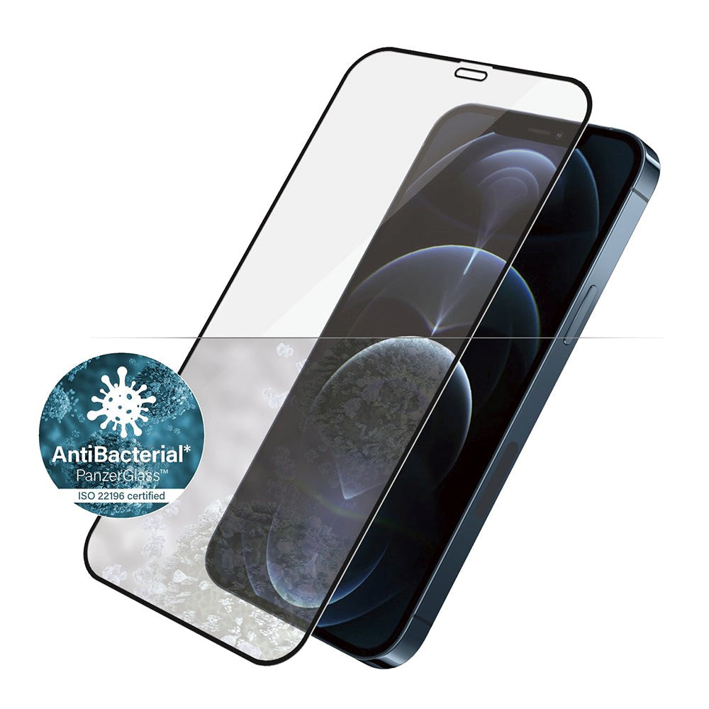 PanzerGlass iPhone 12 Pro Max AntiBacterial Edge-To-Edge Skjermbeskytter - Case Friendly - Svart Kant