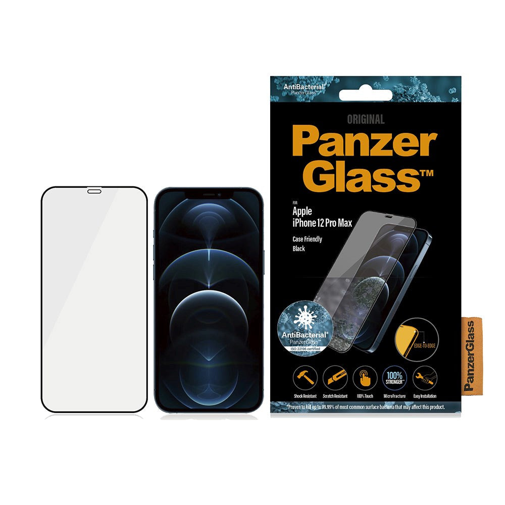 PanzerGlass iPhone 12 Pro Max AntiBacterial Edge-To-Edge Skjermbeskytter - Case Friendly - Svart Kant