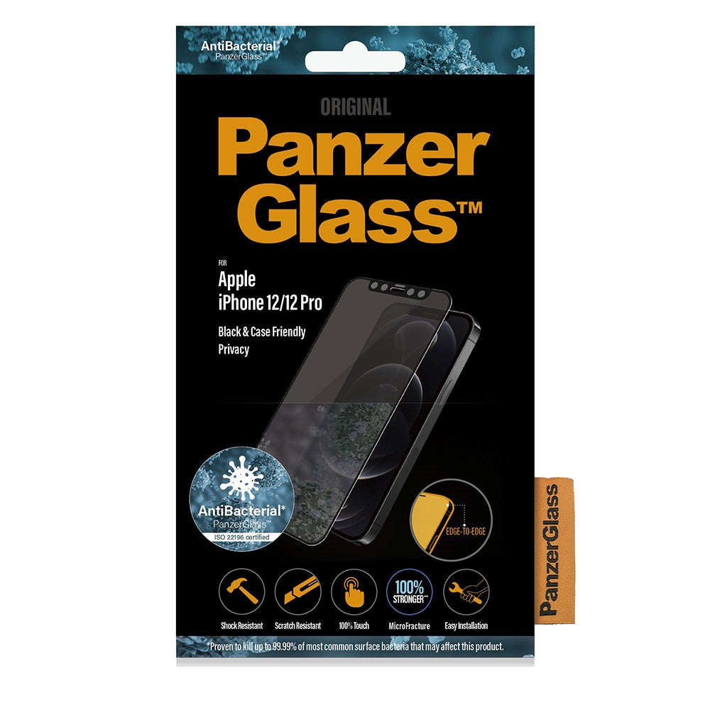 iPhone 12 / 12 Pro PanzerGlass Antibakteriell Edge-To-Edge Skjermbeskytter - Anti-Bluelight - Case Friendly - Privacy - Svart Kant