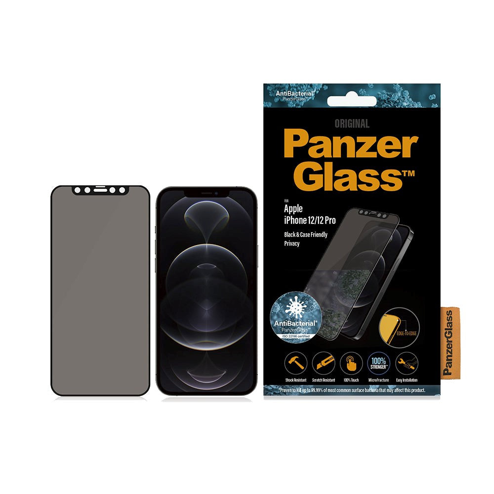 iPhone 12 / 12 Pro PanzerGlass Antibakteriell Edge-To-Edge Skjermbeskytter - Anti-Bluelight - Case Friendly - Privacy - Svart Kant