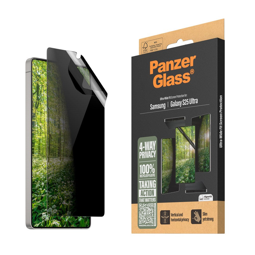 Samsung Galaxy S25 Ultra PanzerGlass Eco Matrix 4-Way Privacy Skjermbeskyttelse Ultra Wide Fit - Aligner Kit - Platinum Strength - Gjennomsiktig