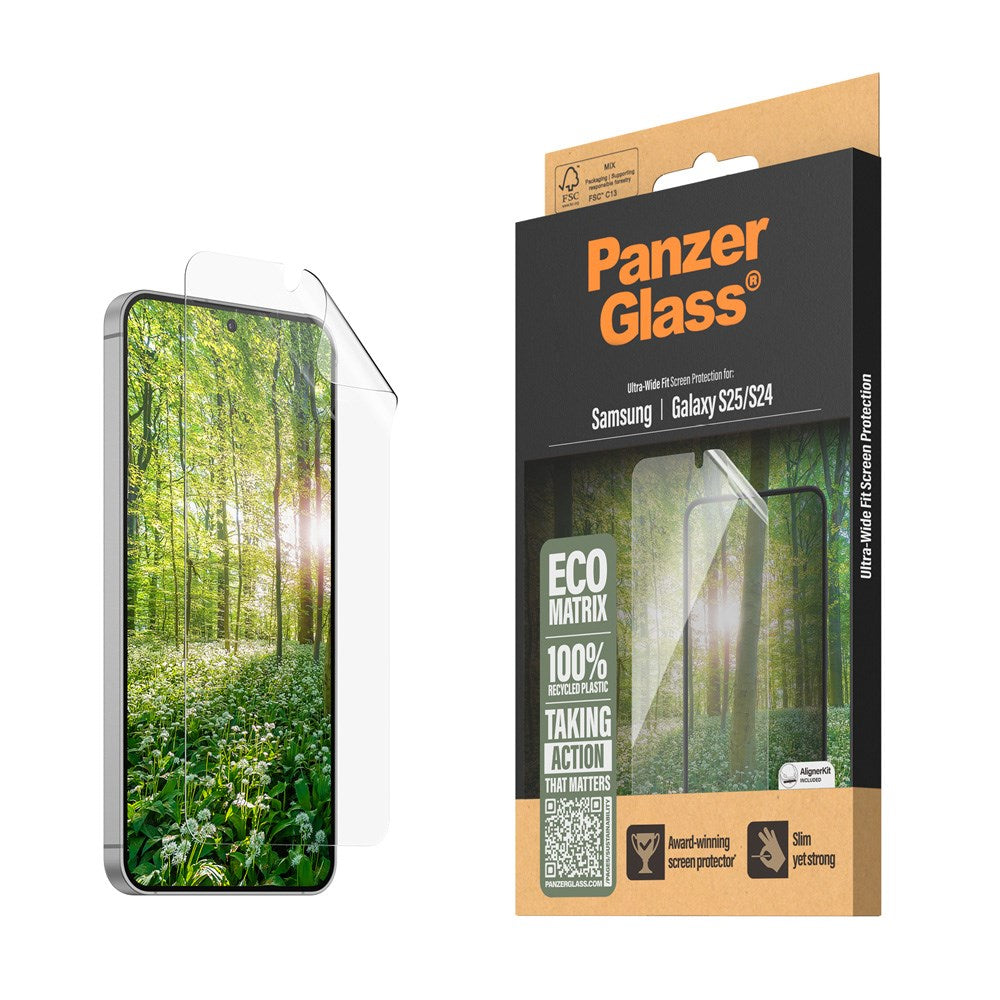 Samsung Galaxy S25 PanzerGlass Eco Matrix Skjermbeskytter Ultra Wide Fit - Aligner Kit - Platinum Strength - Gjennomsiktig