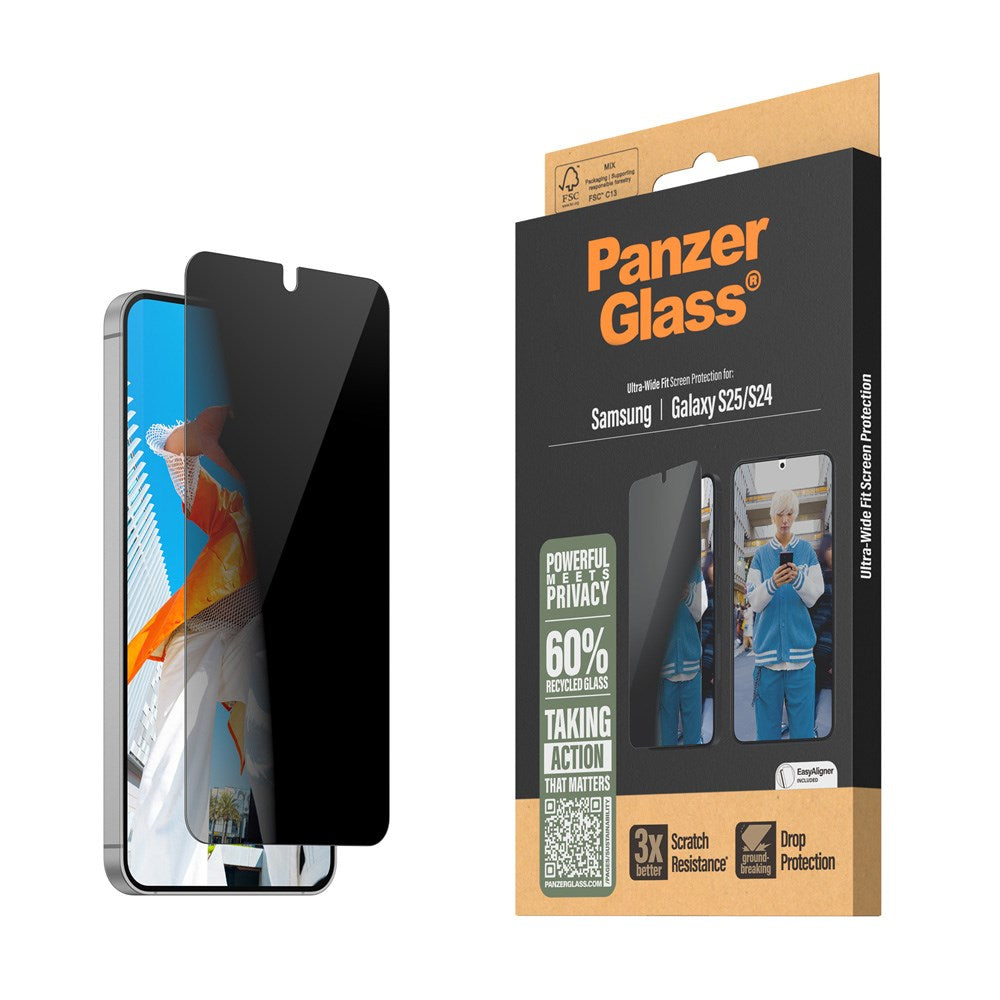 PanzerGlass Samsung Galaxy S25/S24 - Ultra-Wide Fit Skjermbeskyttelsesglass - Privacy Funksjon - Gjennomsiktig