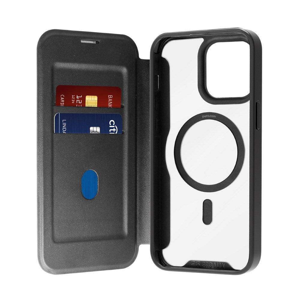 Puro Booklet Case Magsafe for iPhone 15 - Horisontal Flip + 2 Kortlommer - Svart
