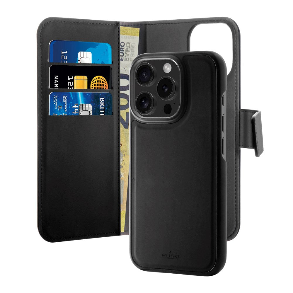 Puro Øko-Lær Etui med Horisontal Flip, 3 Kortlommer og Sedellomme til iPhone 16 Pro Max - Svart