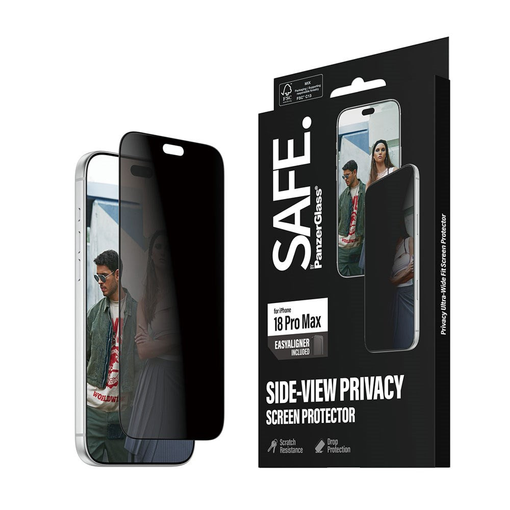 iPhone 18 Pro Max SAFE by PanzerGlass Ultra-Wide Fit Skjermbeskyttelsesglass med EasyAligner - Privacy - Gjennomsiktig