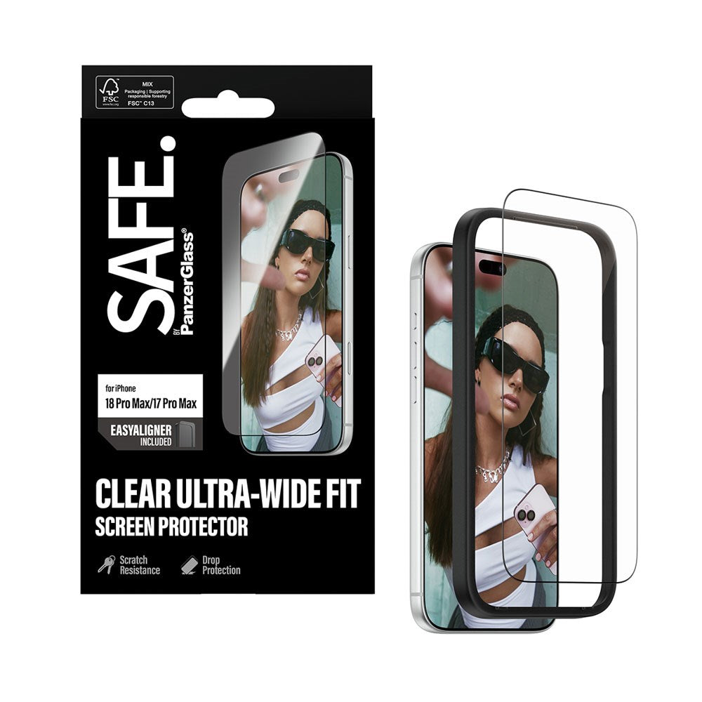 iPhone 18 Pro Max / 17 Pro Max SAFE by PanzerGlass Ultra-Wide Fit Skjermbeskyttelsesglass med EasyAligner - Gjennomsiktig