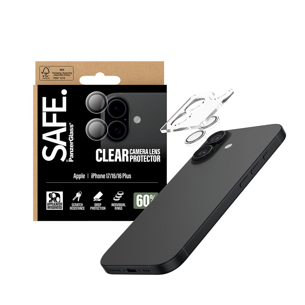 Safe by PanzerGlass iPhone 17 / 16 / 16 Plus Kameralinsebeskyttelse - Gjennomsiktig / Svart