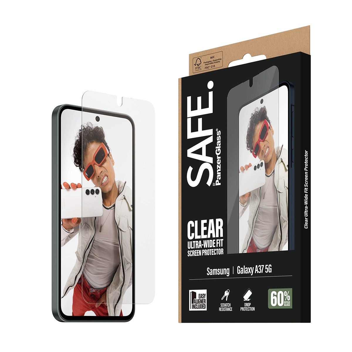 Samsung Galaxy A37 SAFE by PanzerGlass Ultra-Wide Fit Skjermbeskyttelsesglass med EasyAligner - Gjennomsiktig